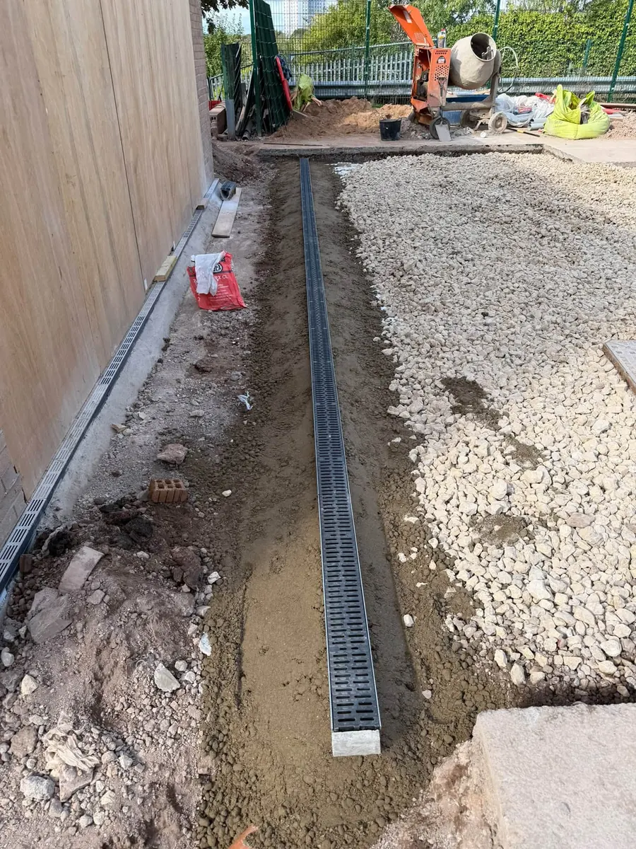 Aco channel drain being set in concrete with a mixer on site, GRW Homes groundworks on a school project