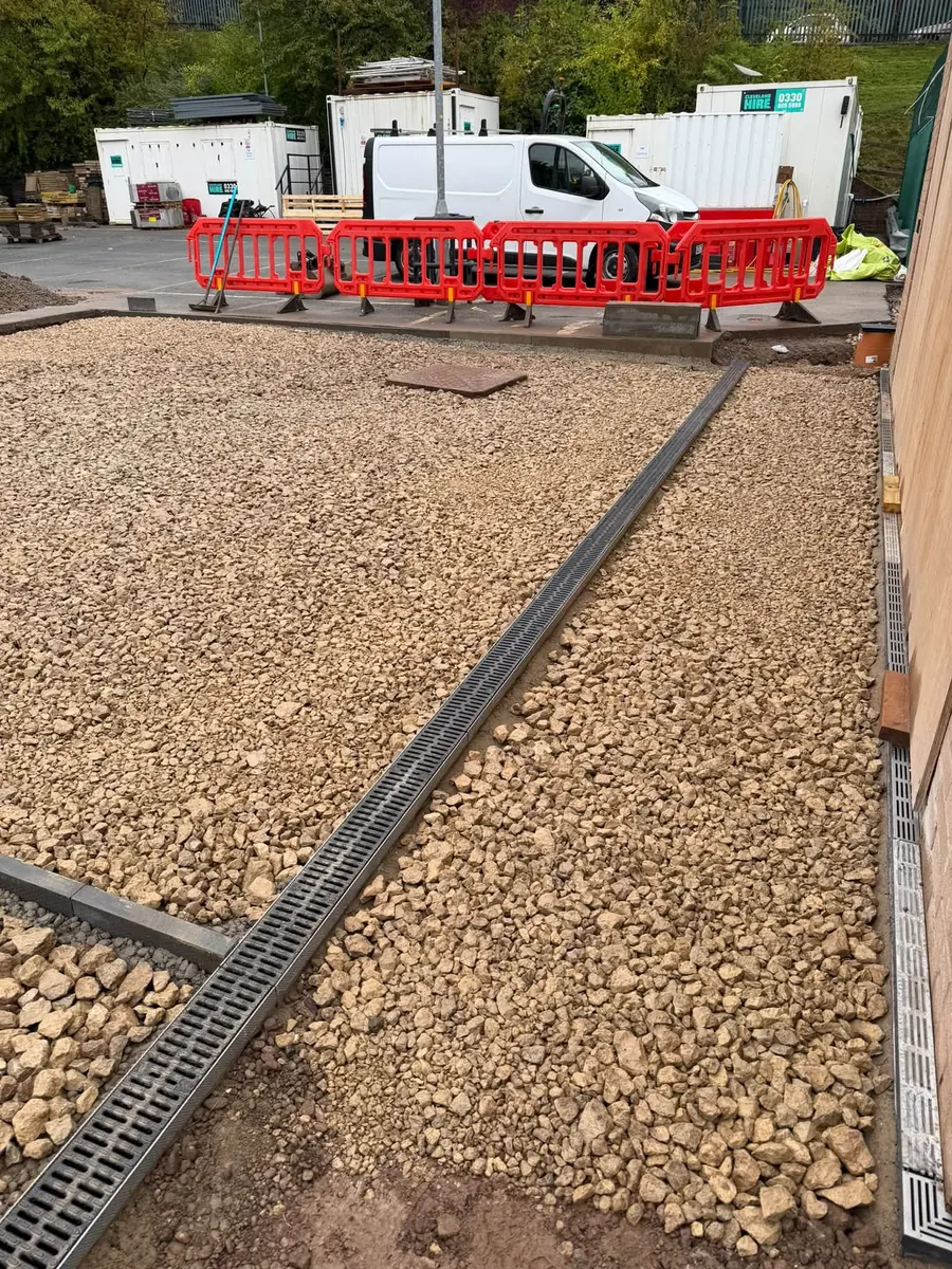 Aco channel drain run laid through compacted sub-base, GRW Homes groundworks on a school project